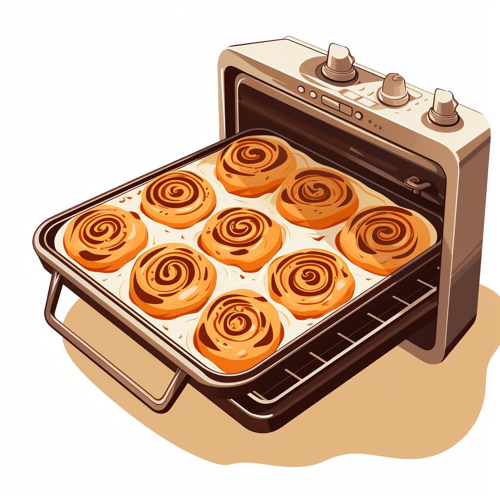 Golden-brown cinnamon rolls baking in the oven