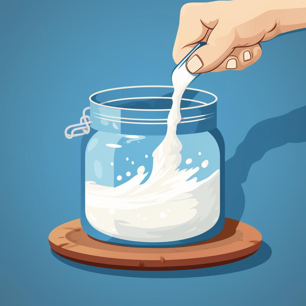 Hands stirring flour and water in a glass jar