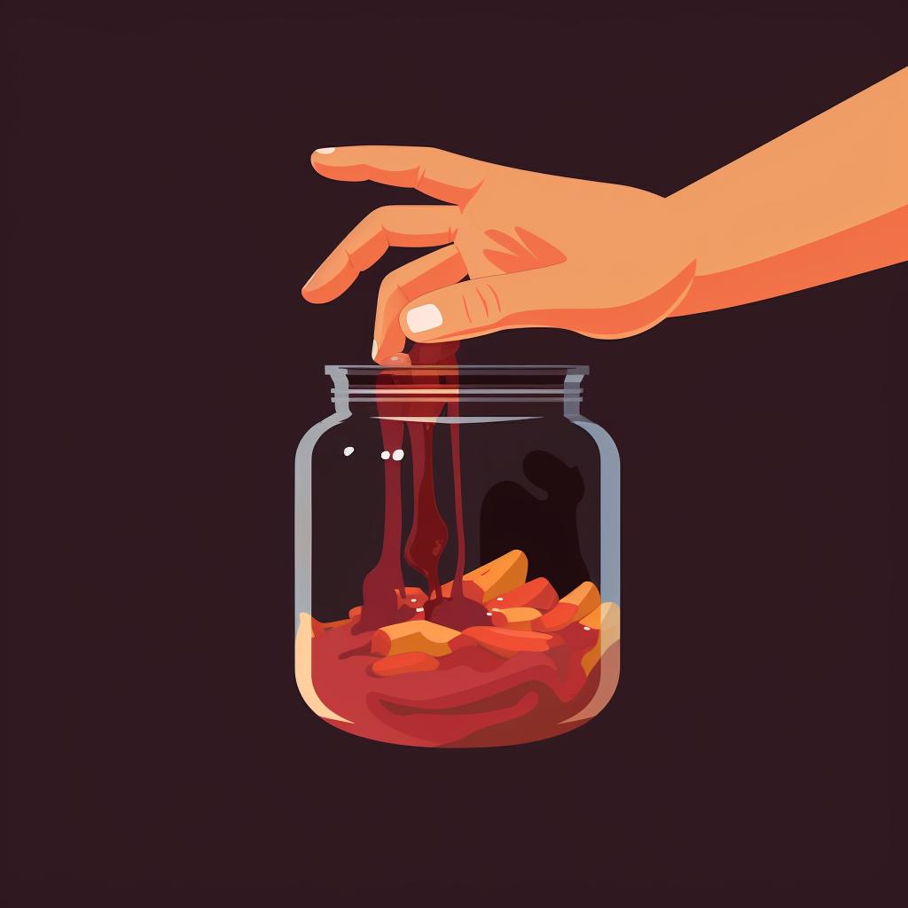 Hands discarding half of the mixture from the jar