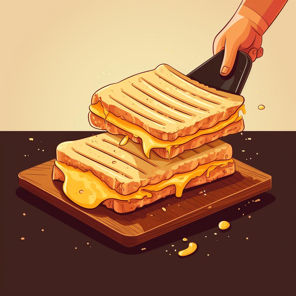 A perfectly grilled sourdough cheese sandwich being sliced
