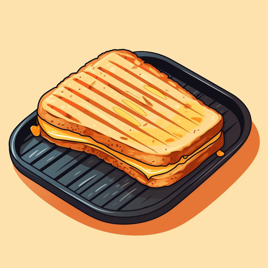 A sourdough grilled cheese sandwich being flipped on a grill pan