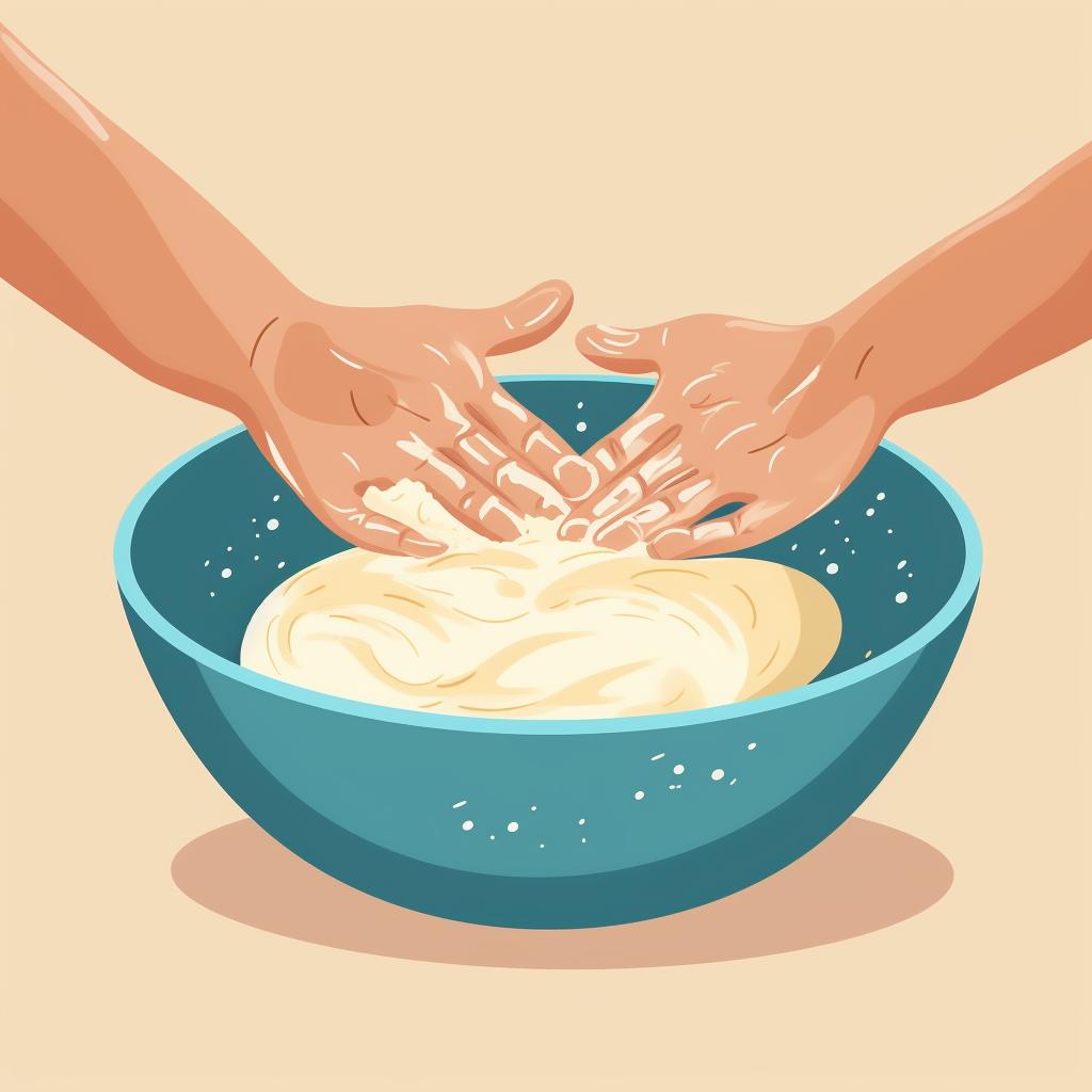 Hands mixing the dough in a large bowl