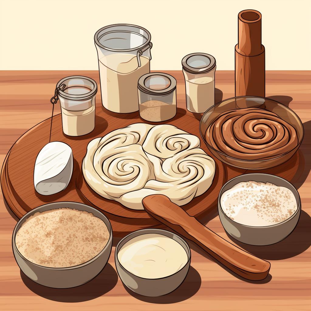 Ingredients for sourdough discard cinnamon rolls laid out on a kitchen counter
