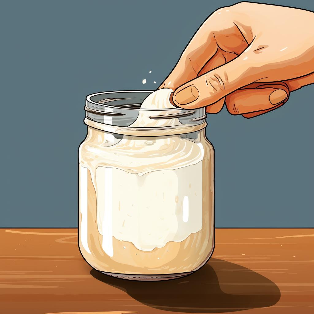 Hand scrubbing inside of the sourdough starter jar with a brush
