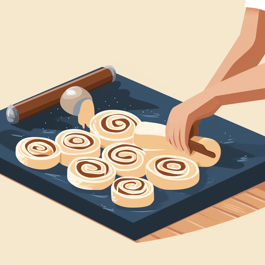 Dough being rolled and cut into individual cinnamon rolls