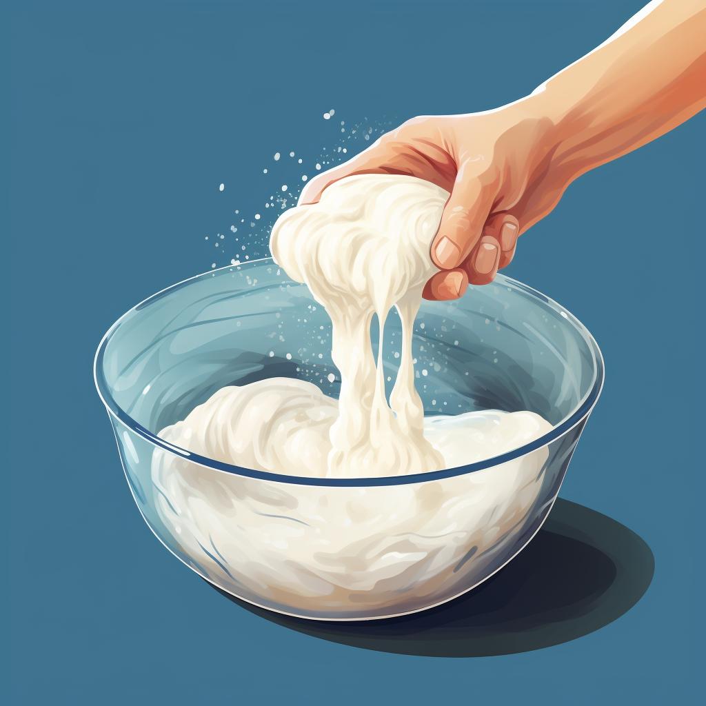 Hands mixing flour and water into a sourdough starter