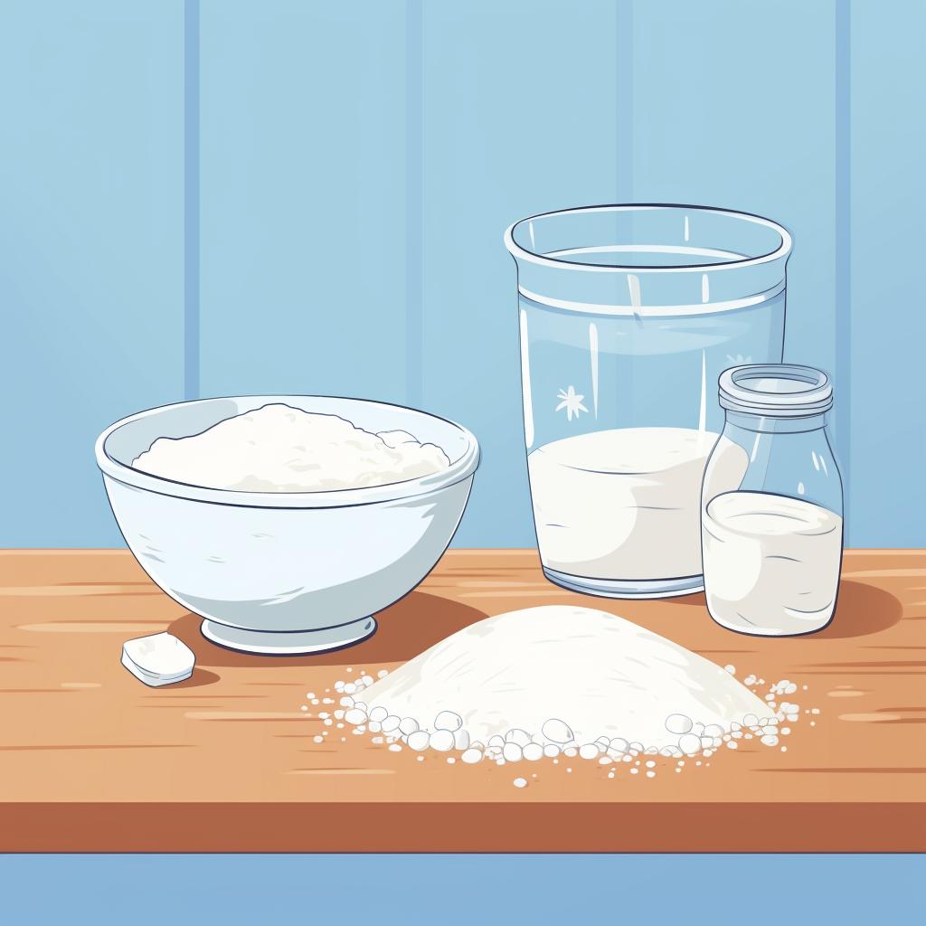 A bowl of flour and a glass of water on a kitchen counter.
