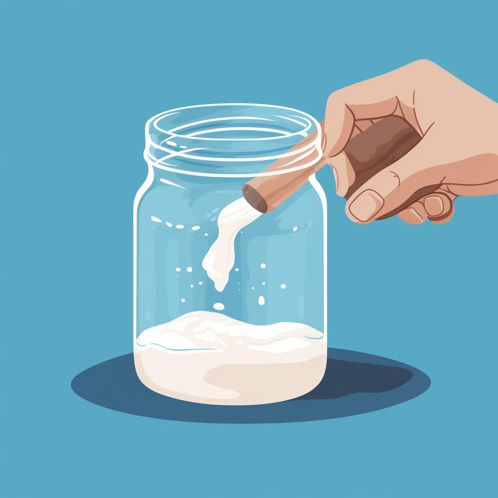 A hand stirring flour and water in a glass jar