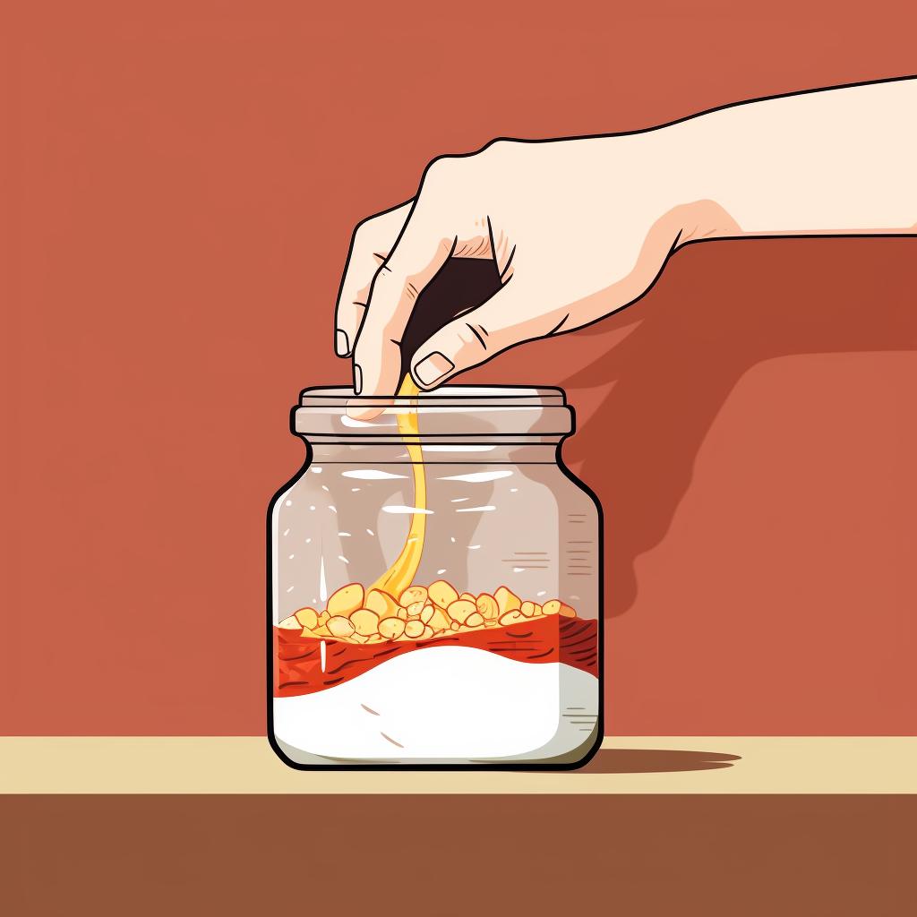 Hand stirring ingredients in a jar.