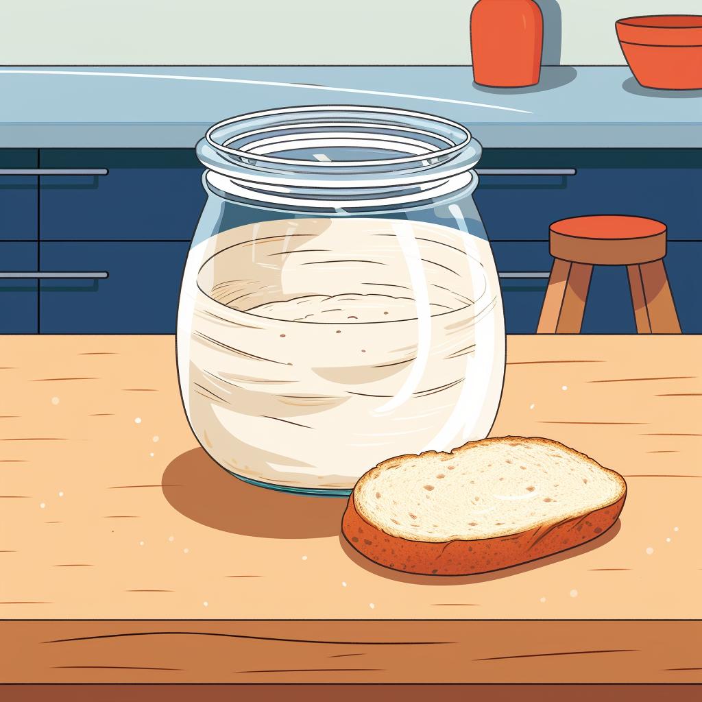 A loosely covered glass container of sourdough starter sitting on a kitchen counter.