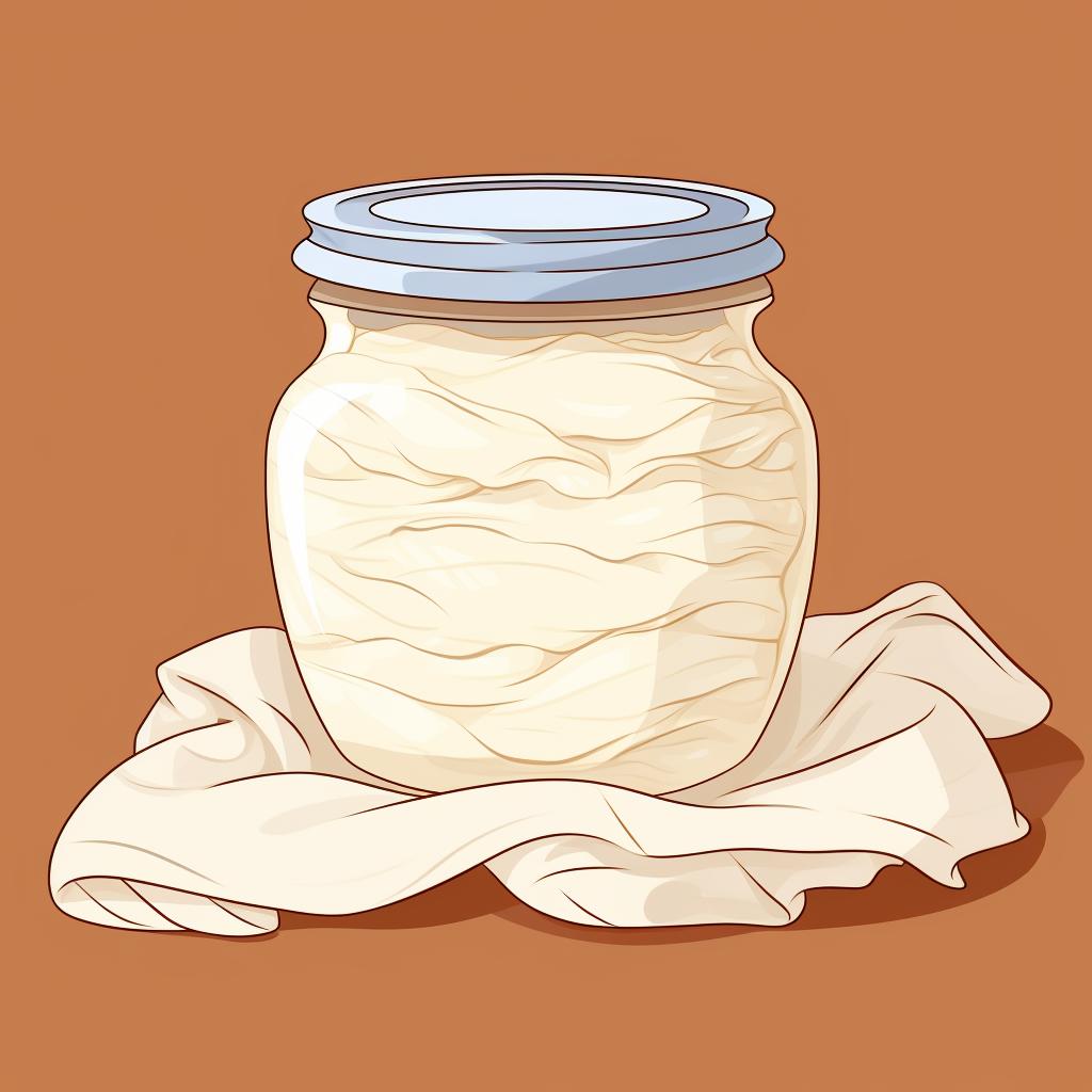 Jar of sourdough starter covered with a cloth.
