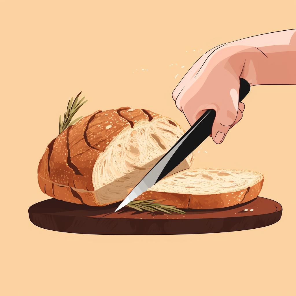 A hand holding a bread knife, slicing a loaf of sourdough
