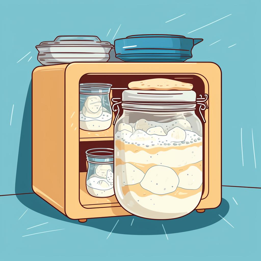A jar of sourdough starter being placed in the refrigerator