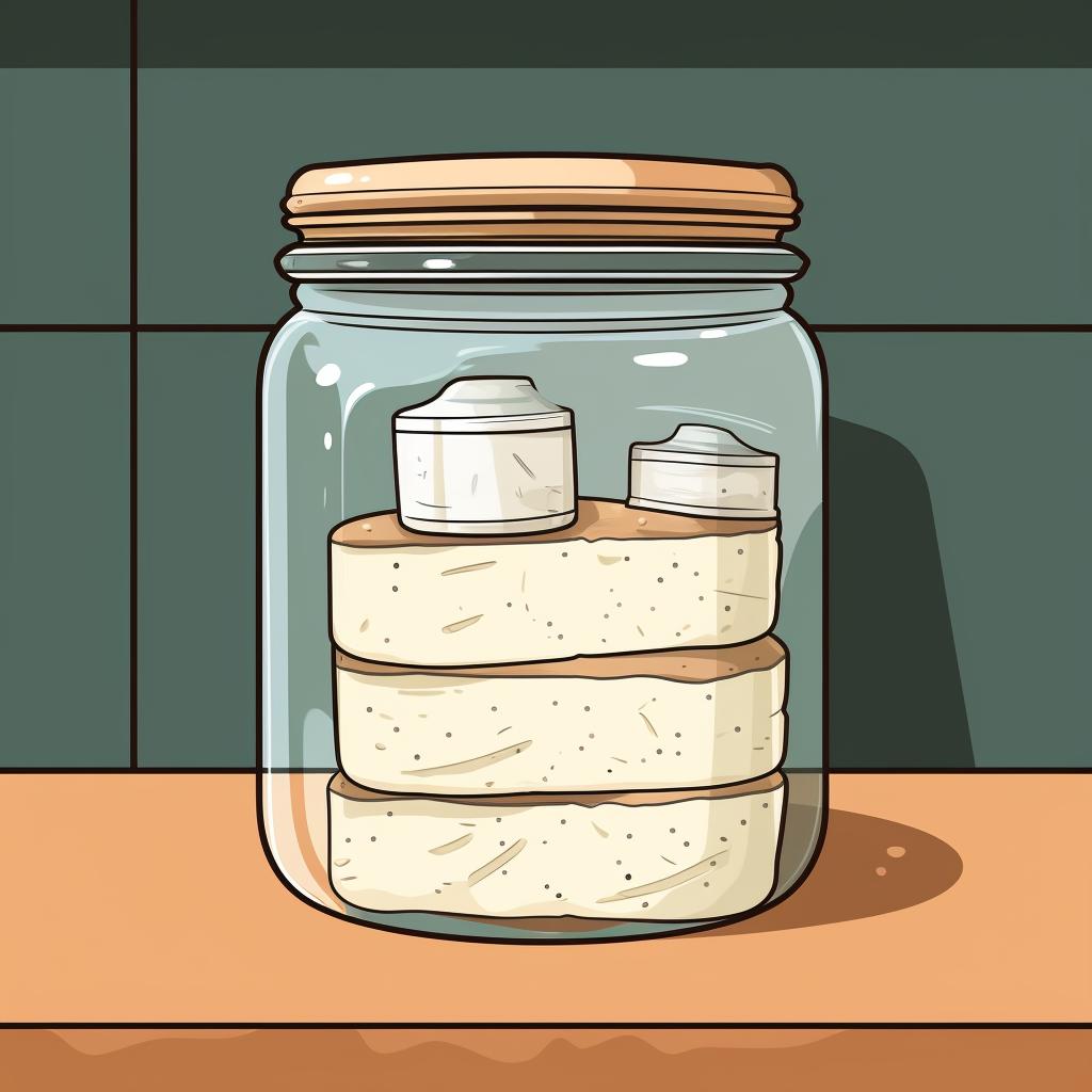 Sourdough starter stored in a glass jar in the fridge