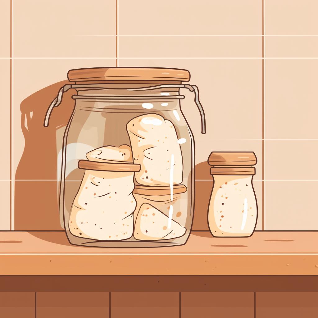 Sourdough starter jar stored in a kitchen cabinet