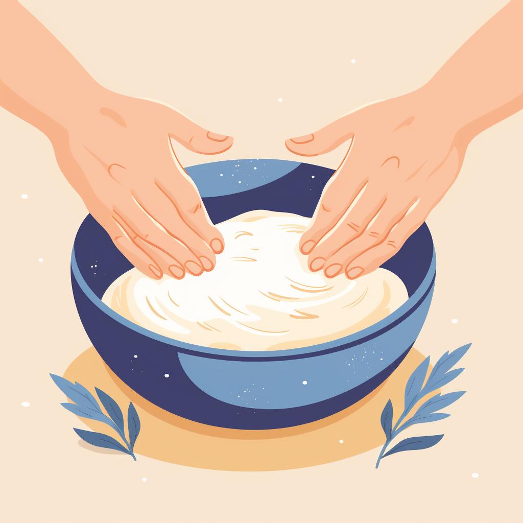 Hands kneading dough with a small cup of water nearby