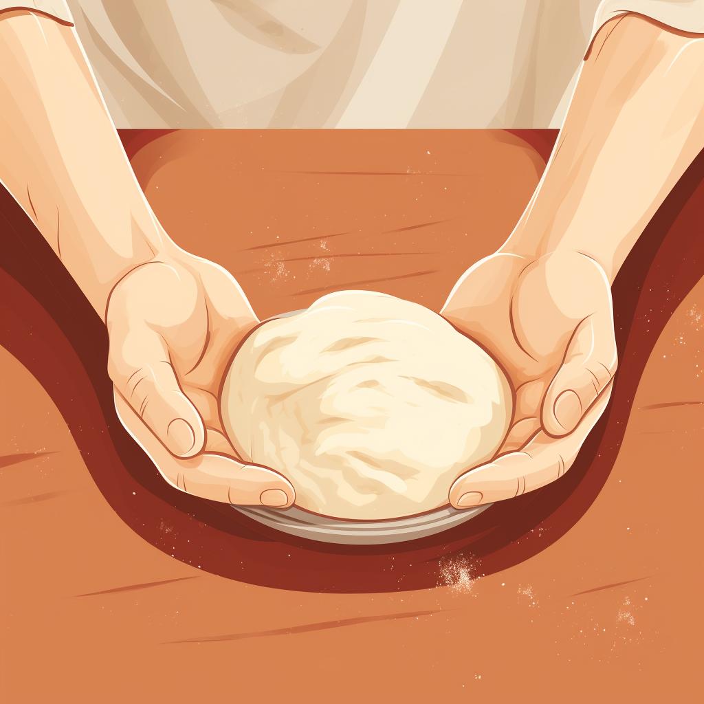 Hands gently kneading a dough on a floured surface