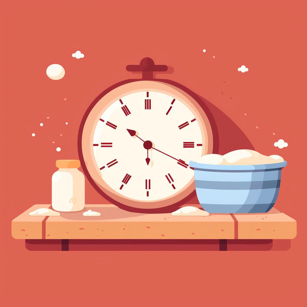 A clock next to a bowl of fermenting dough.