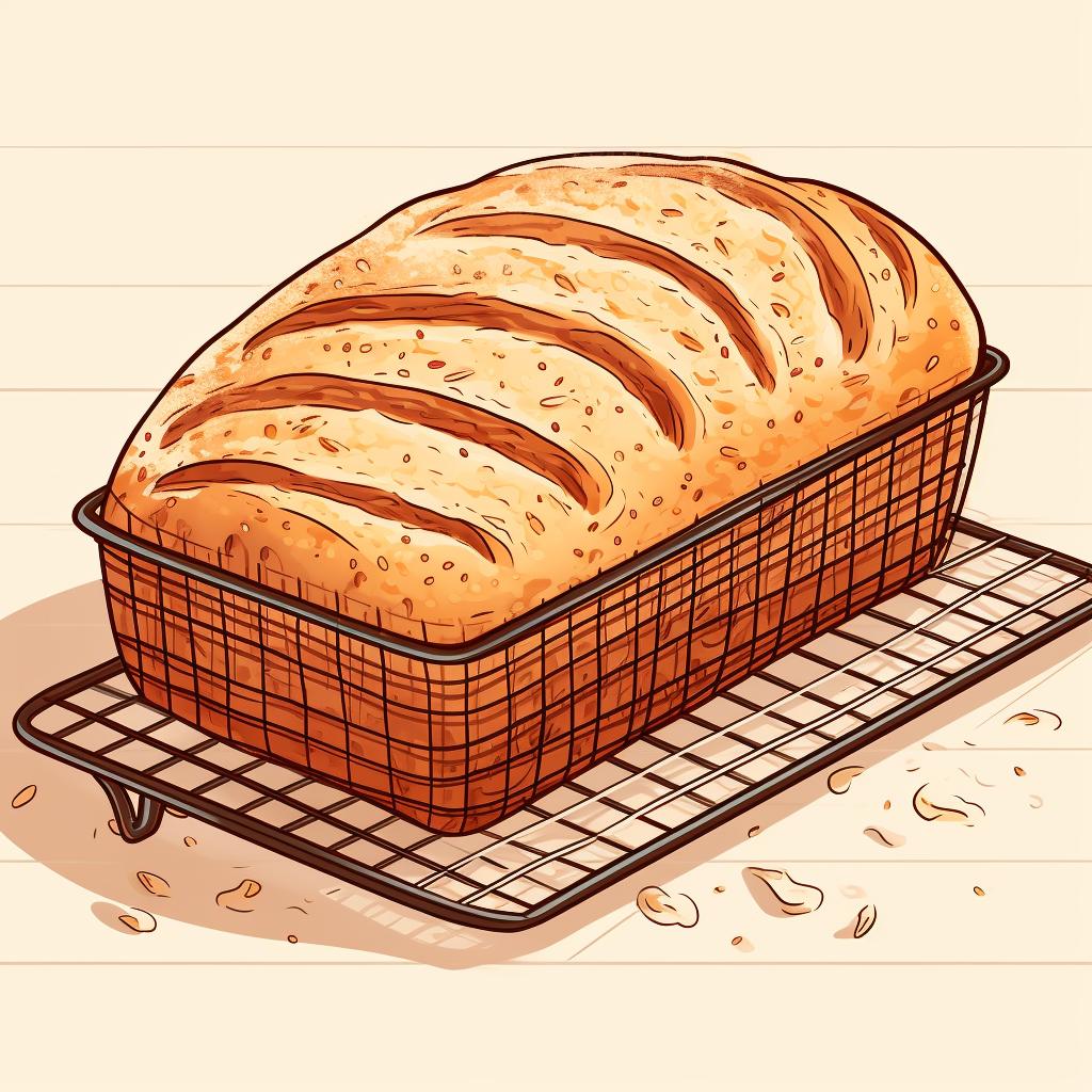 A freshly baked loaf of sourdough bread cooling on a wire rack