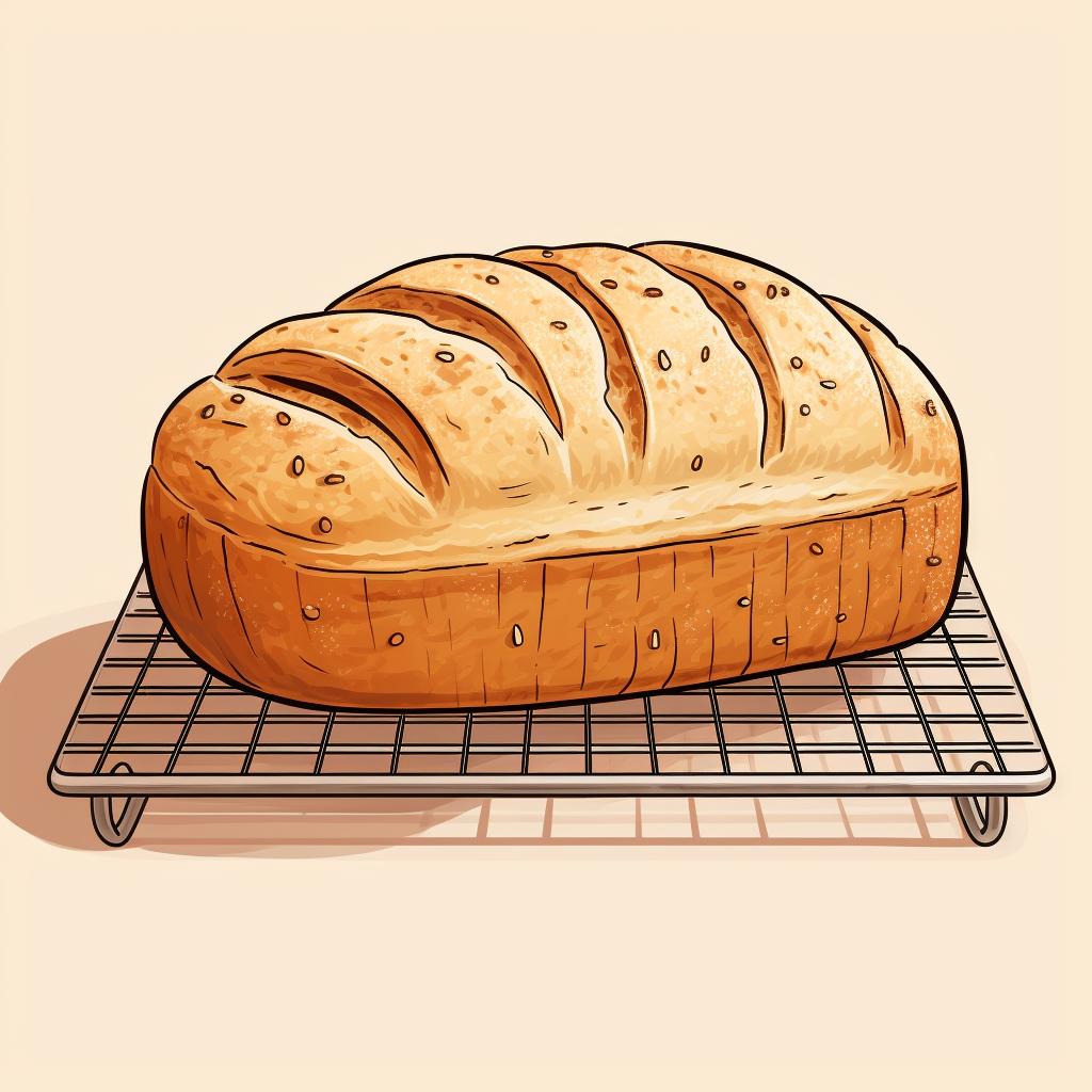 A freshly baked sourdough loaf cooling on a wire rack