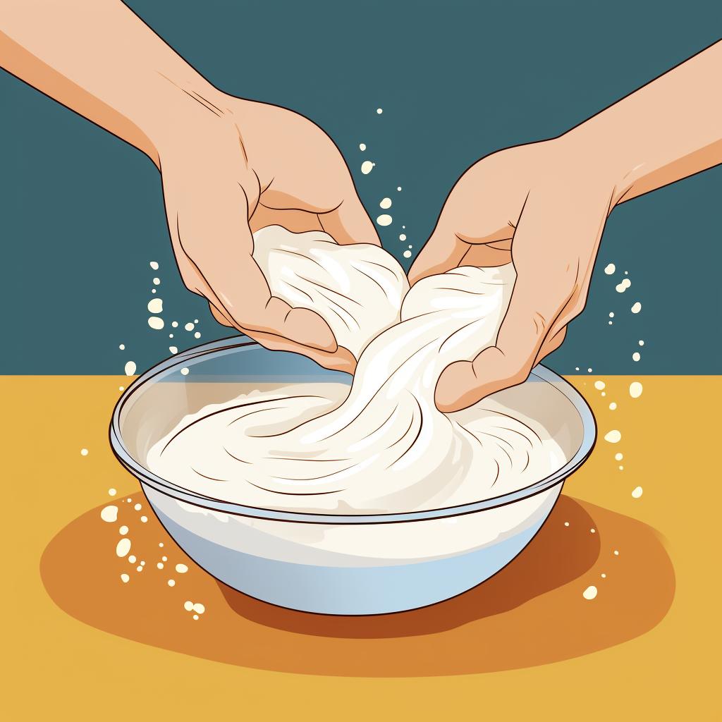 Hands adding flour and water to a sourdough starter.
