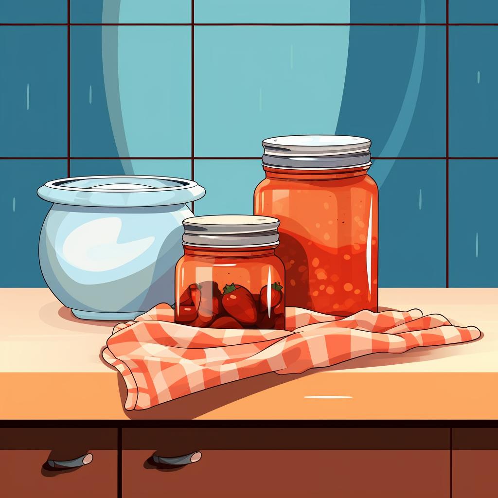 A jar covered with a cloth resting on a kitchen counter.