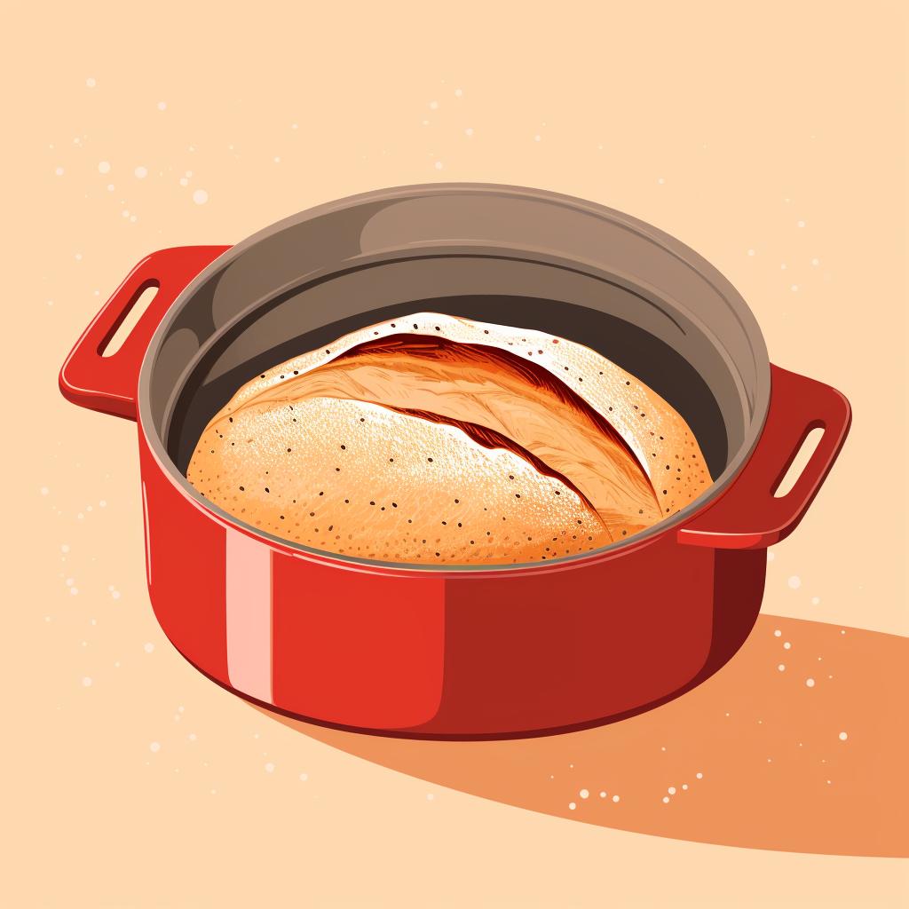 A Dutch oven with the lid off, revealing a partially baked sourdough loaf